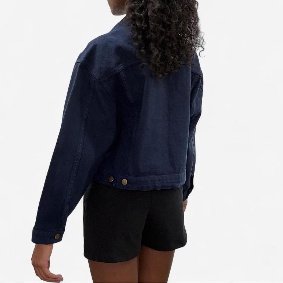 Cropped Bull Denim Trucker Jacket - Navy Blue