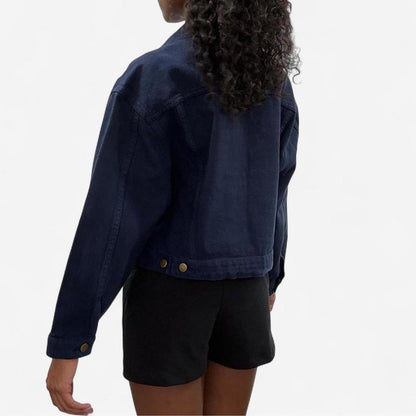 Cropped Bull Denim Trucker Jacket - Navy Blue