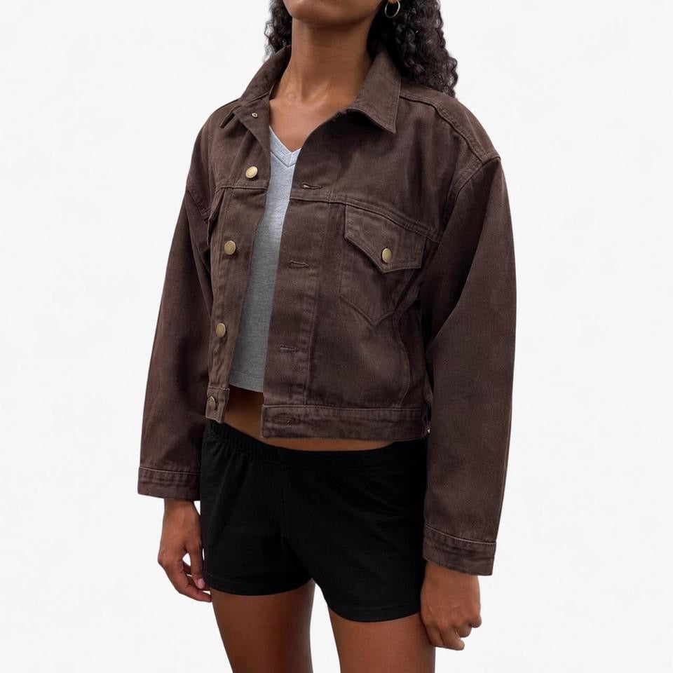 Cropped Bull Denim Trucker Jacket - Brown