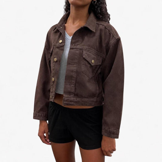 Cropped Bull Denim Trucker Jacket - Brown