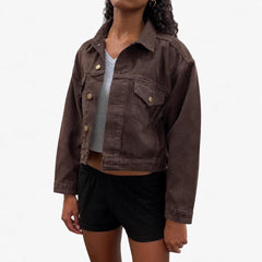 Cropped Bull Denim Trucker Jacket - Chocolate Brown view 1