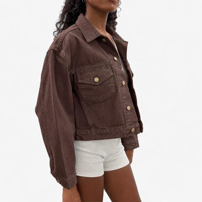 Cropped Bull Denim Trucker Jacket - Brown