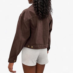 Cropped Bull Denim Trucker Jacket - Chocolate Brown view 3