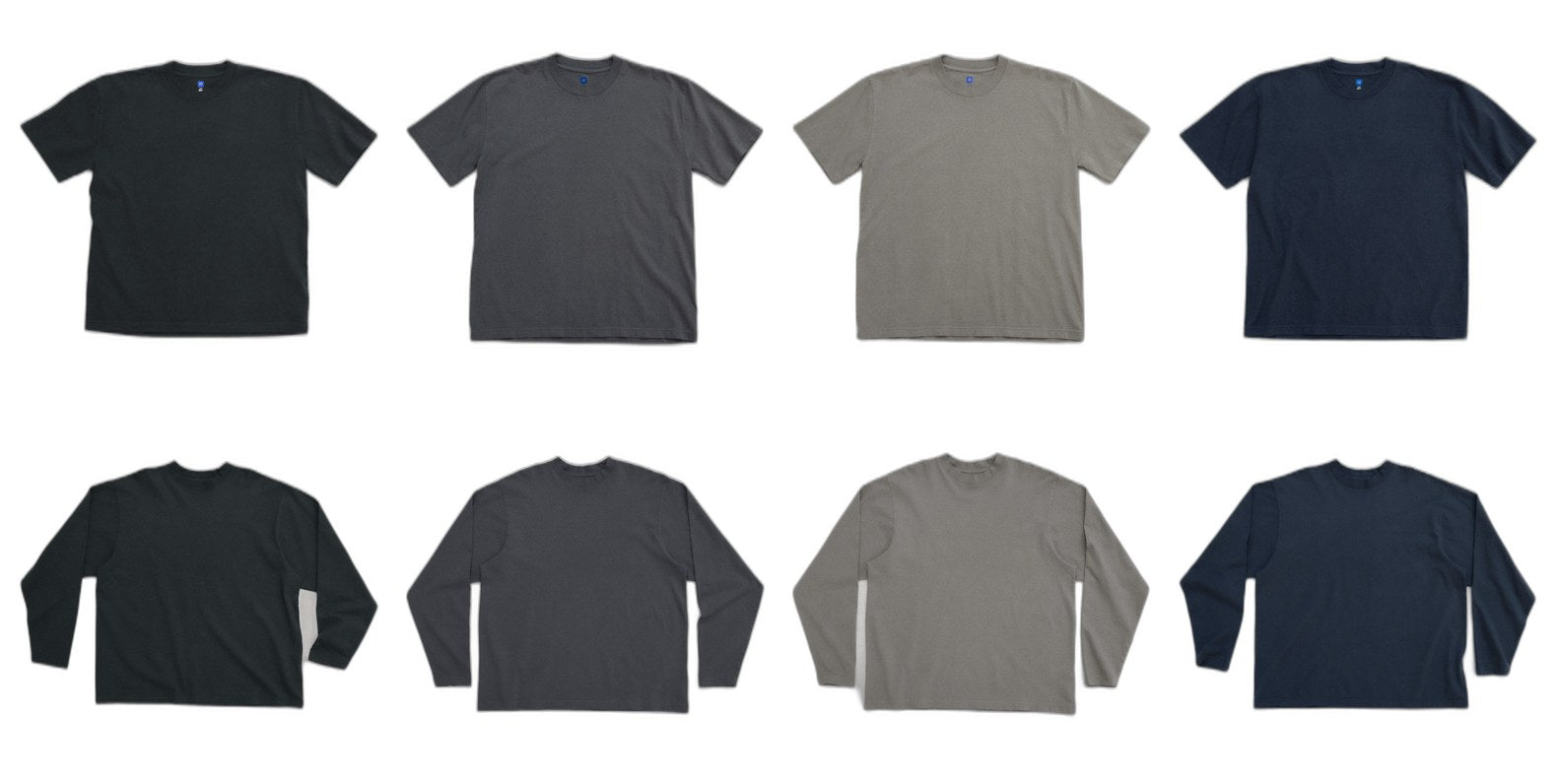 The lineup — short & long sleeve, four colourways. Pick any ten: $5 a tee.